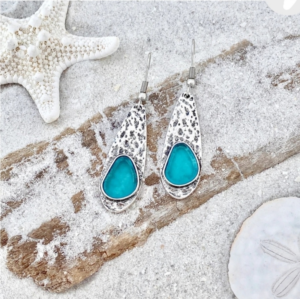 Aqua Sea Glass Hammered Silver-Tone Drop Earrings NWT